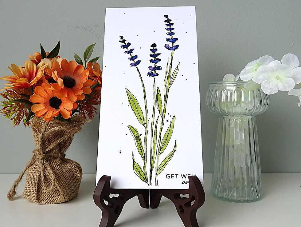 sketched watercolour lavender flowers with a Get Well Soon message underneath