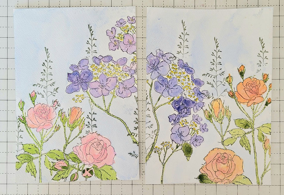 original watercolour designs featuring hydrangeas in purple and roses in pink and orange