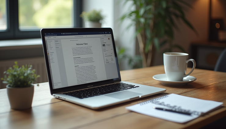 Eye-level view of a laptop screen showing a website draft with notes and a cup of coffee nearby