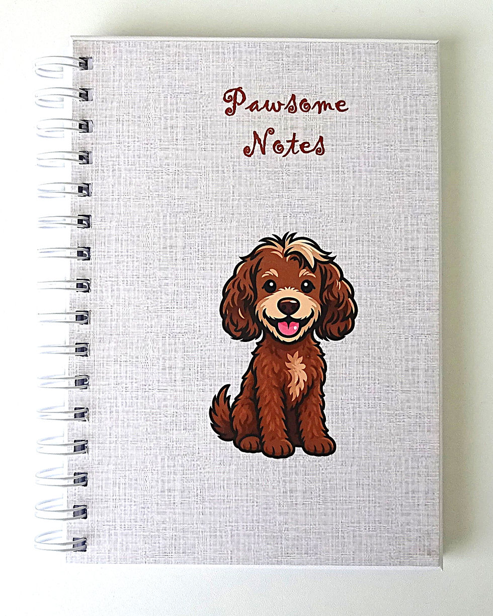 notebook cover with cute cartoon style brown dog and Pawsome Notes text in swirly font