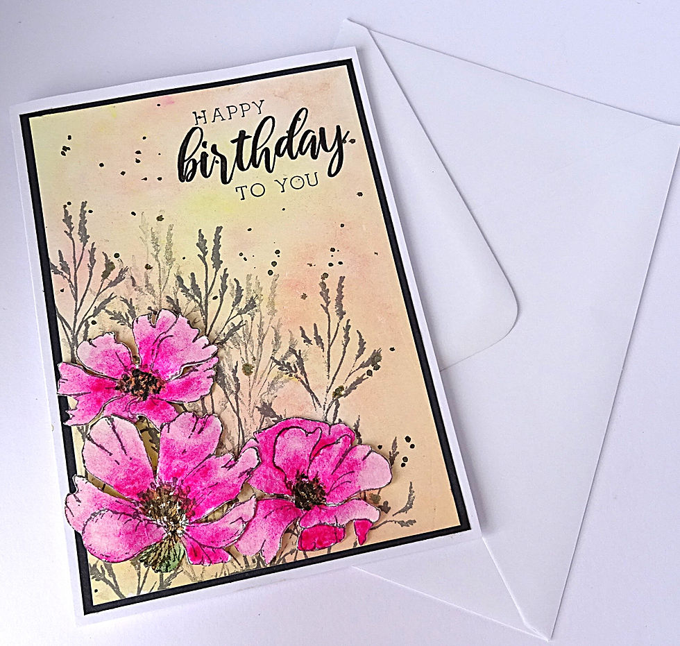 Thumbnail: orange peach background with 3D pink cosmos flowers in bottom left corner, happy birthday message top right corner