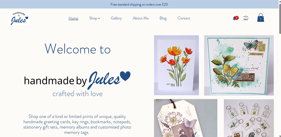 homepage of website for handmade by Jules showing examples of cards and gifts for sale