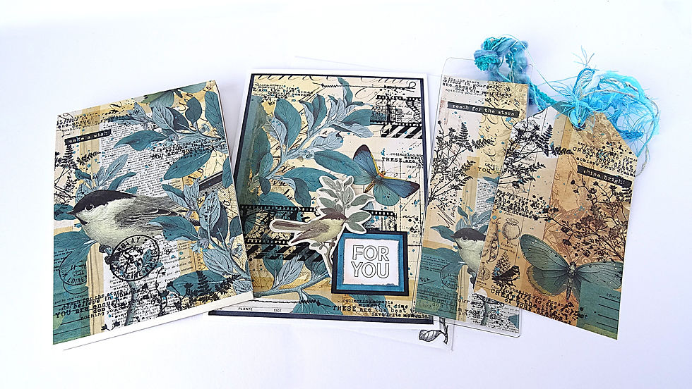 set of greeting card, notepad, bookmark and gift tag with a botanical theme