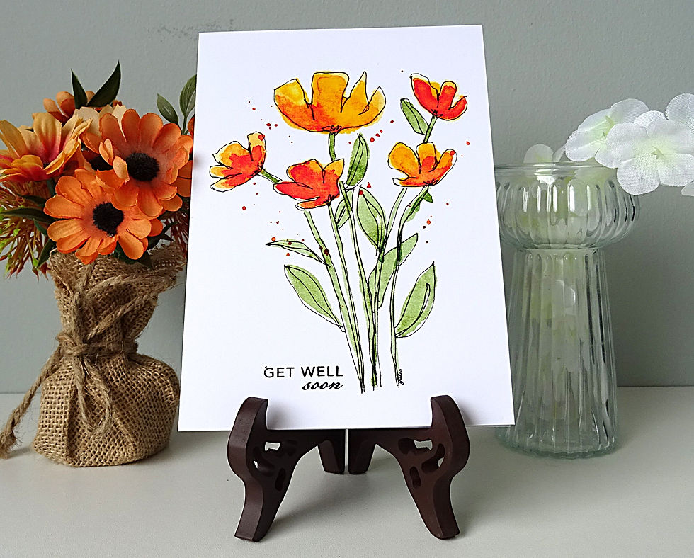 greeting card featuring sketched watercolour flowers and Get Well Soon message.