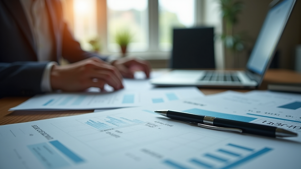 Vue rapprochée d’un bureau avec un ordinateur et des documents financiers