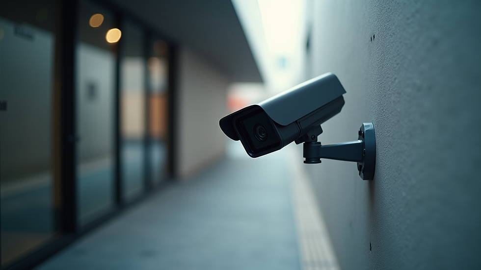 Eye-level view of a modern CCTV camera mounted on a wall