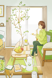 日常、部屋、暮らし、リビング、ソファ、クッション、ベッド、枝物、ドウダンツツジ、インテリア、新緑、初夏、バウムクーヘン、松峰のイラスト