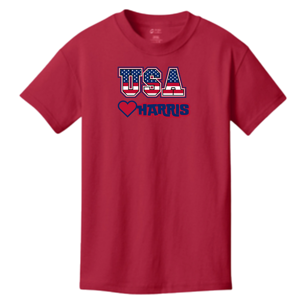 red t-shirt with a centered design featuring the American flag, a red heart emoji, and the name 'Harris' in a bold