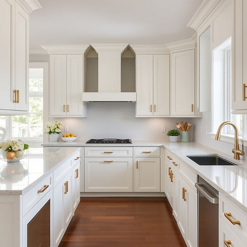 Luxury coastal Delaware kitchen with professionally refinished cabinets painted warm white