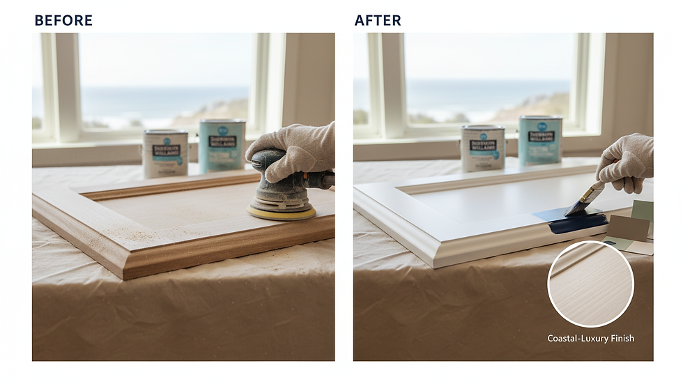Close-up view of sanding cabinet door edges before painting