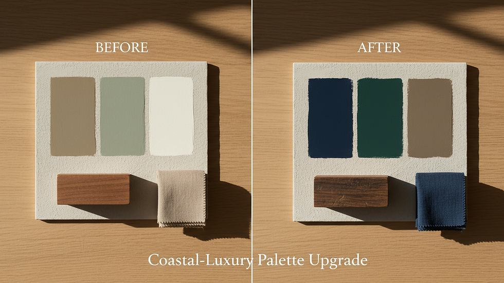 Close-up view of paint swatches showing warm greige and muted green tones