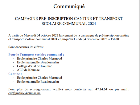 CAMPAGNE PRE-INSCRIPTION CANTINE ET TRANSPORT SCOLAIRE COMMUNAL 2024