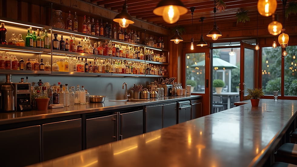 Close-up view of a custom container bar interior with stainless steel counters and built-in shelving
