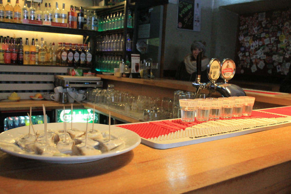 Sampling Red Herring and Vodka shots (Poland)