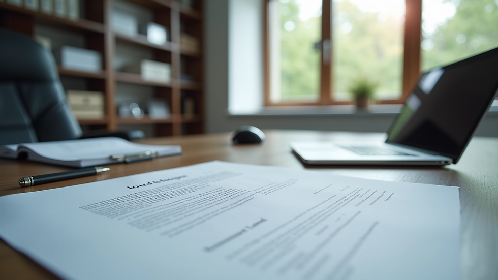Eye-level view of a modern office desk with legal documents and a laptop