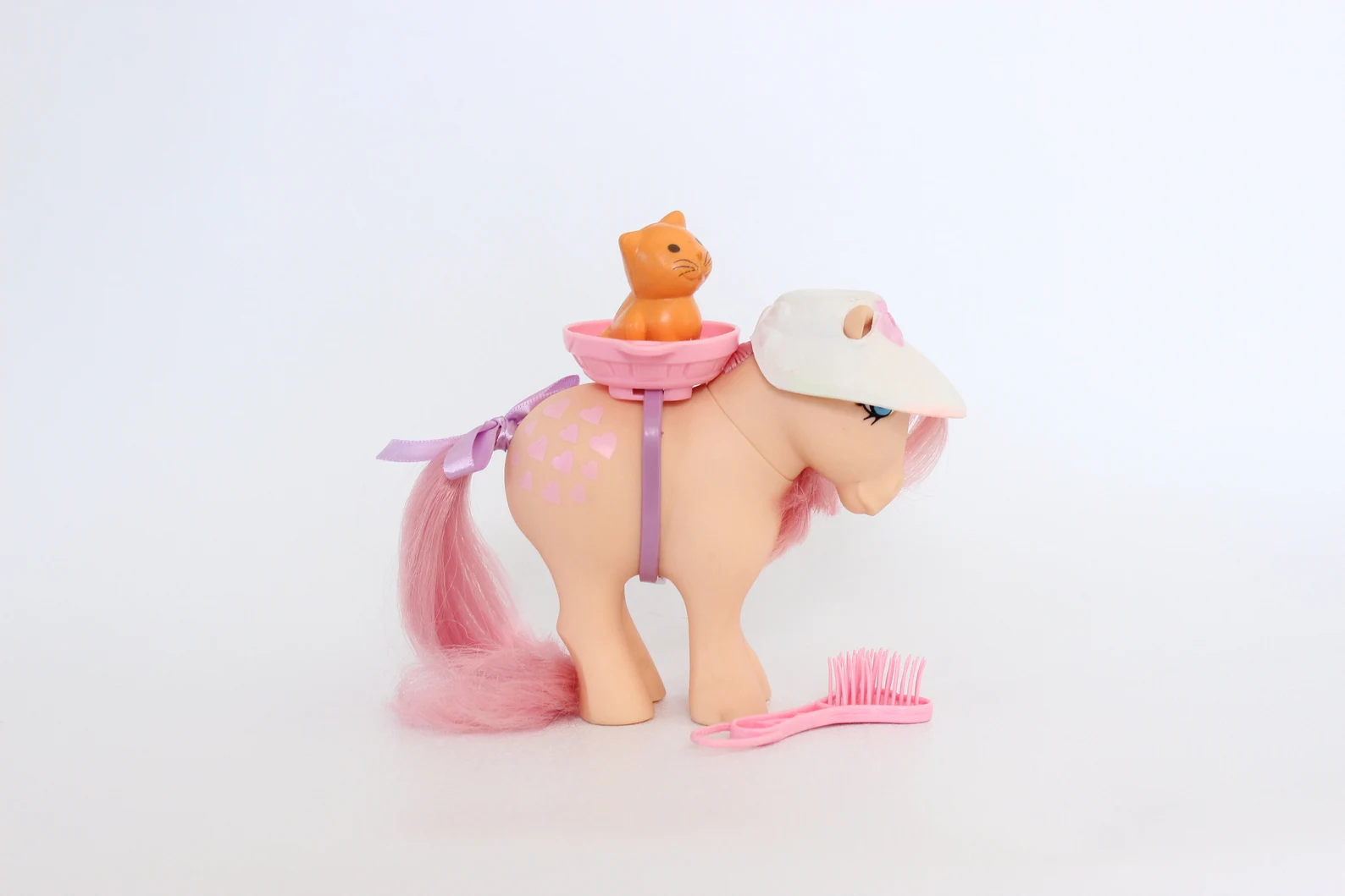 Peachy carrying Twinkles in front of a white background