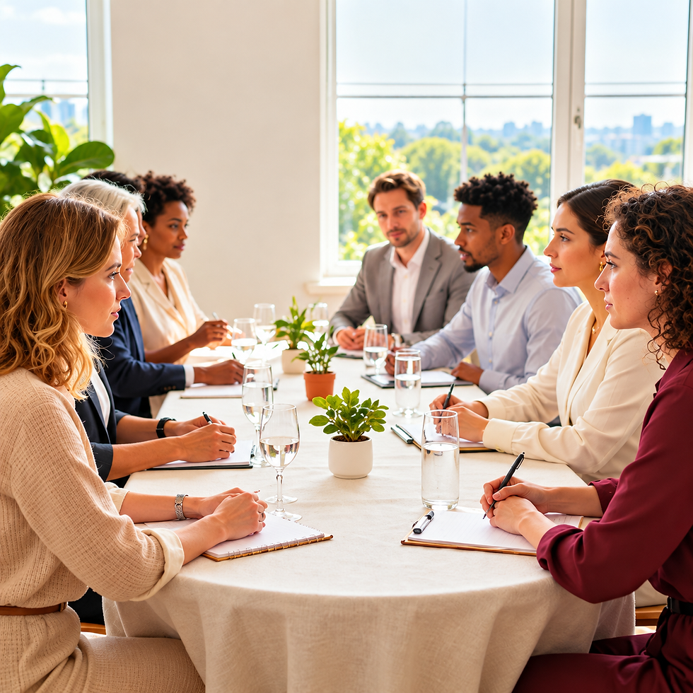 Grupo diverso em reunião corporativa ao redor de uma mesa.