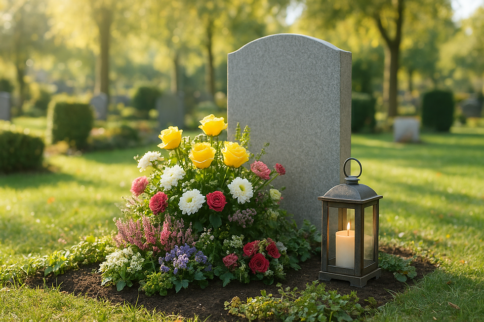 Frisch bepflanztes Grab mit saisonalen Blumen in Niederösterreich