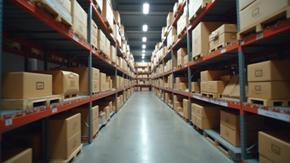eye-level view of warehouse shelves with neatly organized boxes