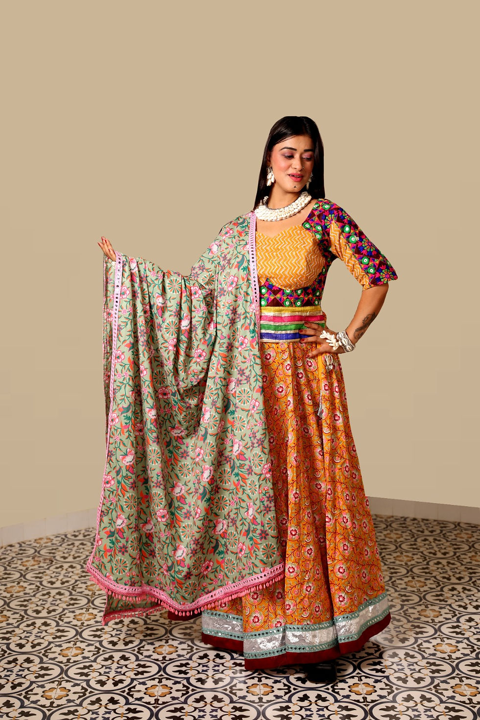 Thumbnail: Orange brown chaniya with 2 matching choli with green dupatta