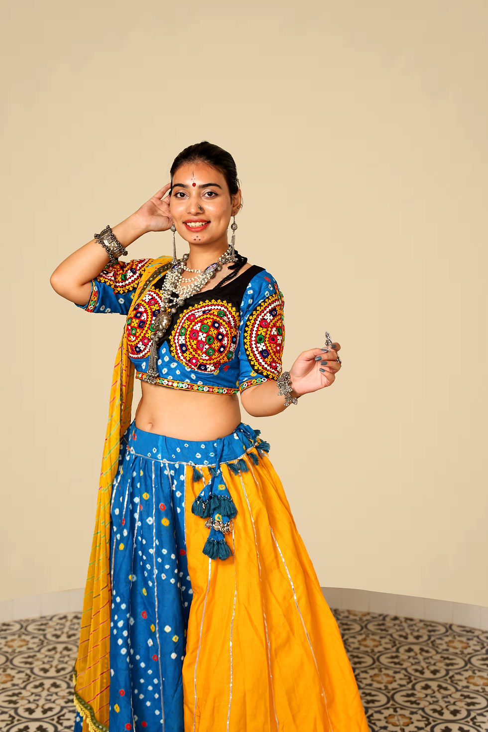 Thumbnail: Blue and yellow bandhani chaniya choli with 2 blouses