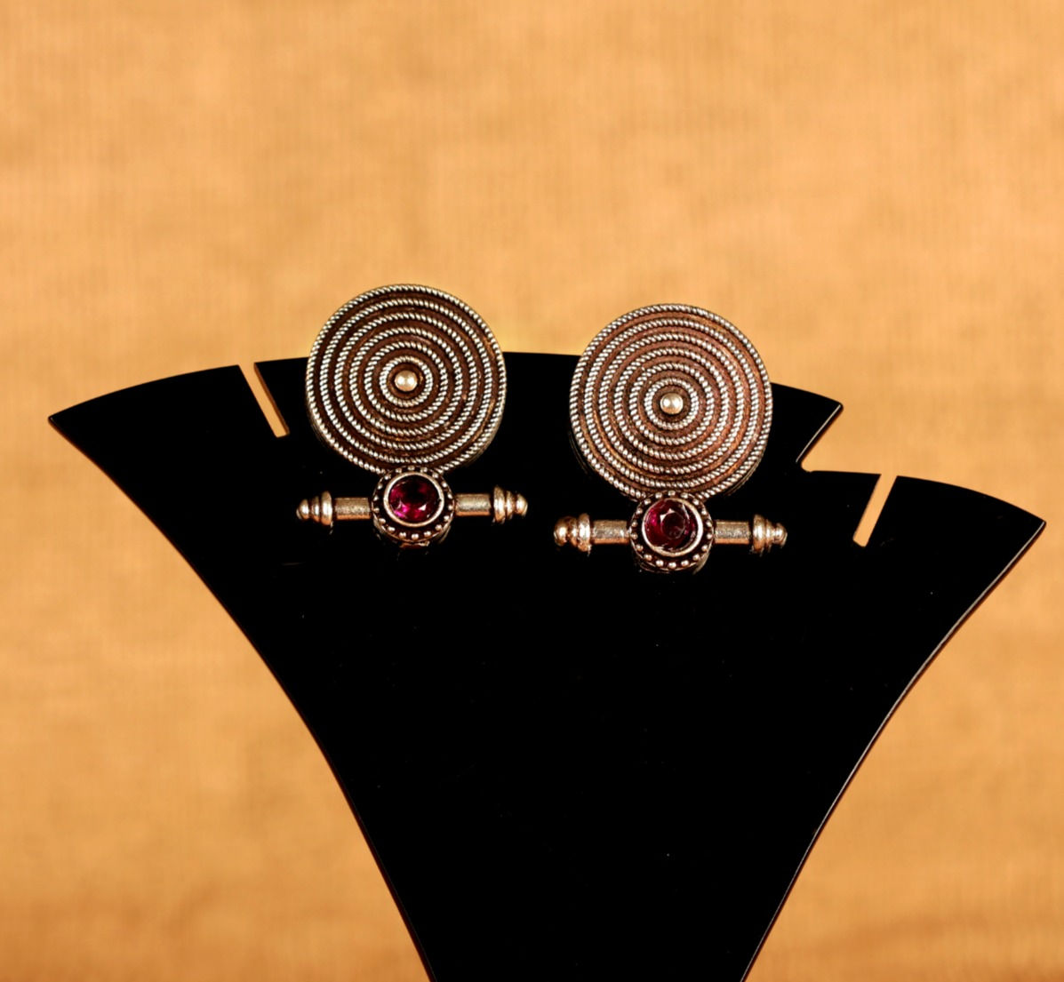 unique circle red gem earrings