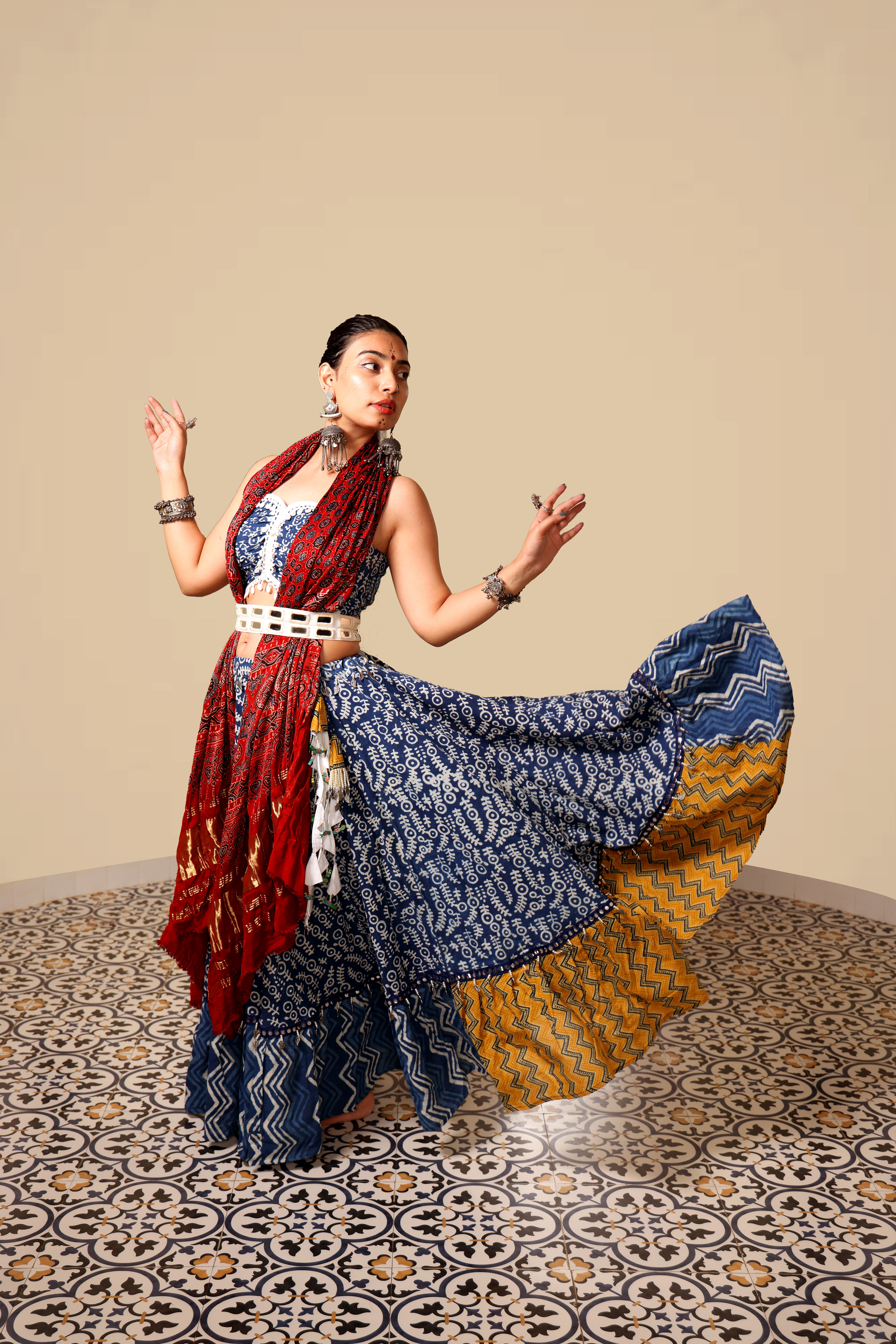 Tealish blue with dark red dupatta