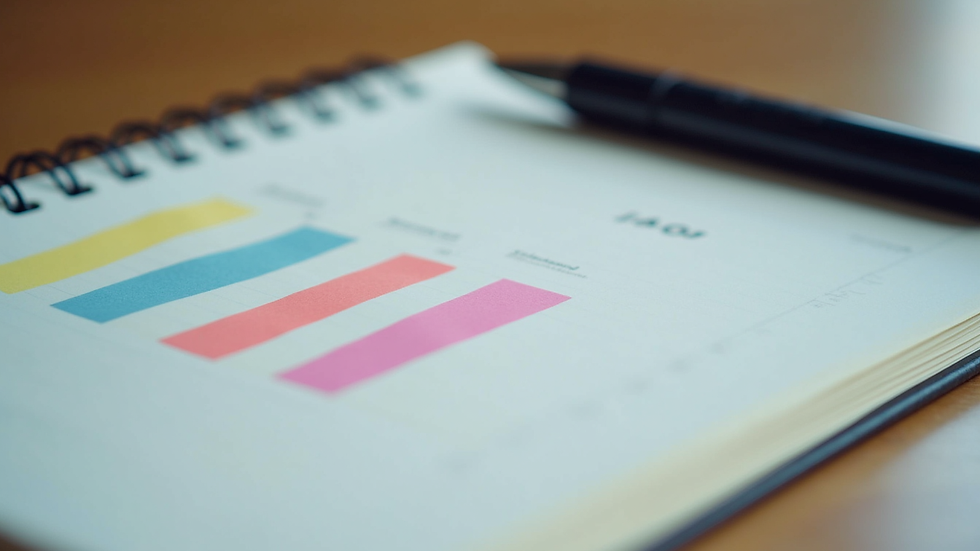 Close-up view of a notebook with colorful notes and a pen