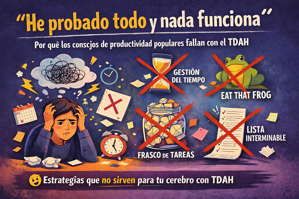 Un adulto con TDAH intentando organizarse y ser productivo con tips como Gestión del Tiempo, Comerse el Sapo. Frasco de Tareas y To-do list. Cerebro TDAH, Déficit Atencional, Autismo, Neurodivergente, Altas Capacidades