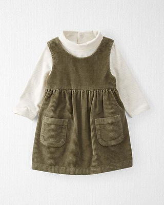 toddler olive green courduroy dress and cream shirt