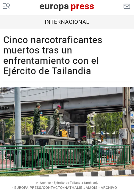 Screenshot of Europa Press article “Cinco narcotraficantes muertos en enfrentamiento con el ejército en Tailandia” featuring photography by Nathalie Jamois