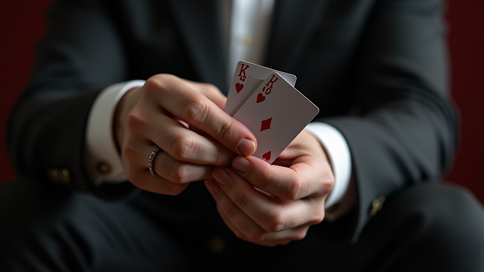 Close-up view of magician’s hands performing a card flourish