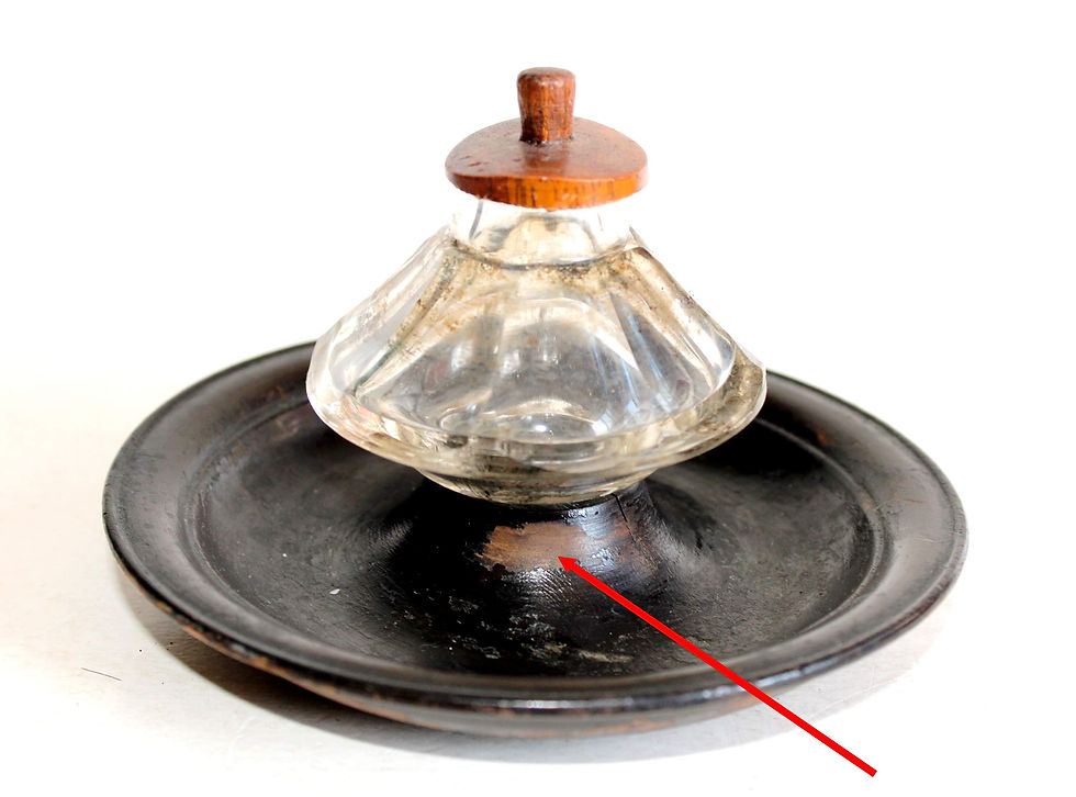 縮圖：JOLI ANCIEN ENCRIER ou FLACON PARFUM VERRE SUR COUPELLE BOIS PORTE PLUME 13x7cm