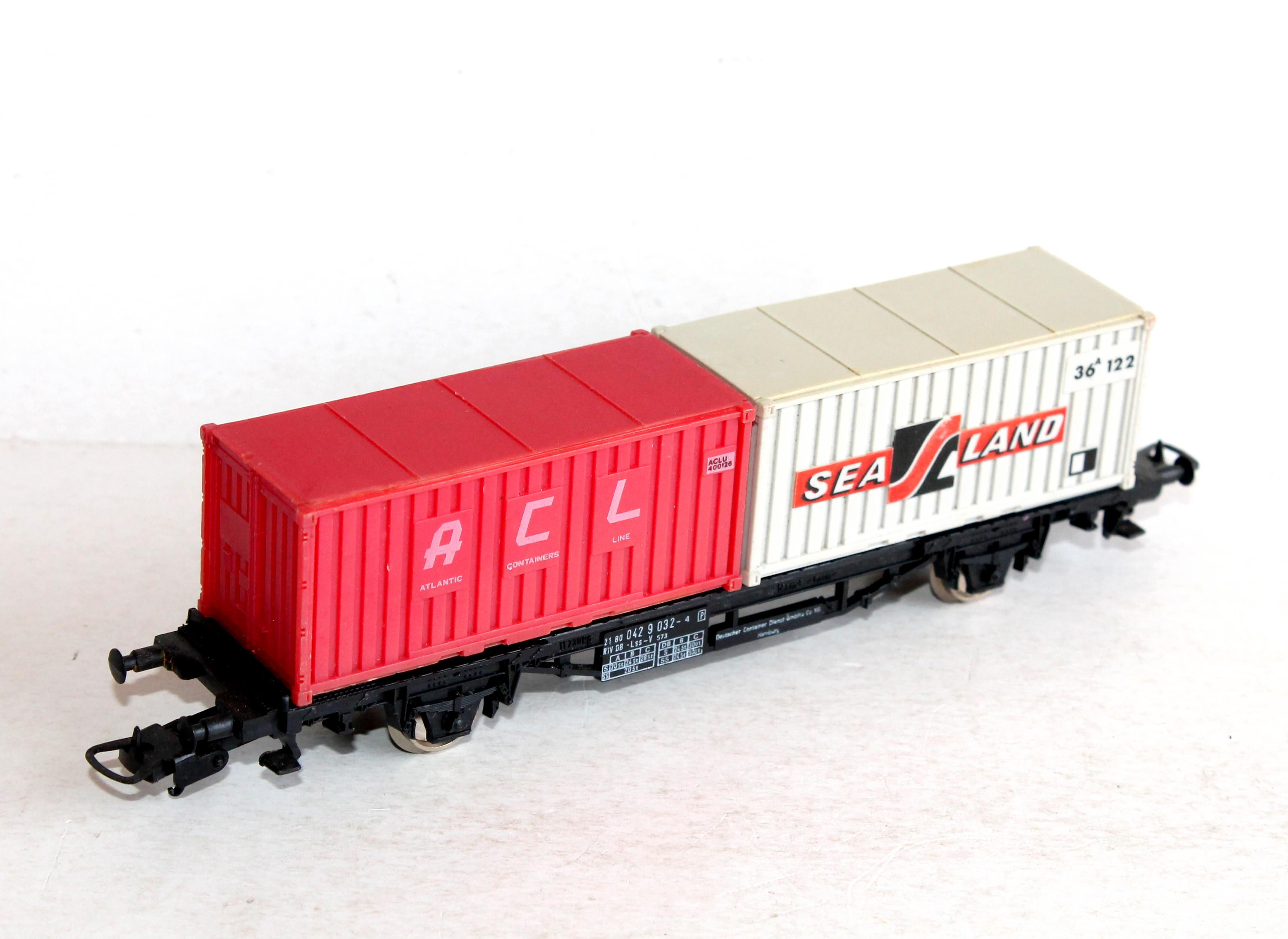 LIMA HO 2853 WAGON PLATEFORME PORTE CONTAINER + 2 CONTENEUR SEA LAND ACL DB 2180