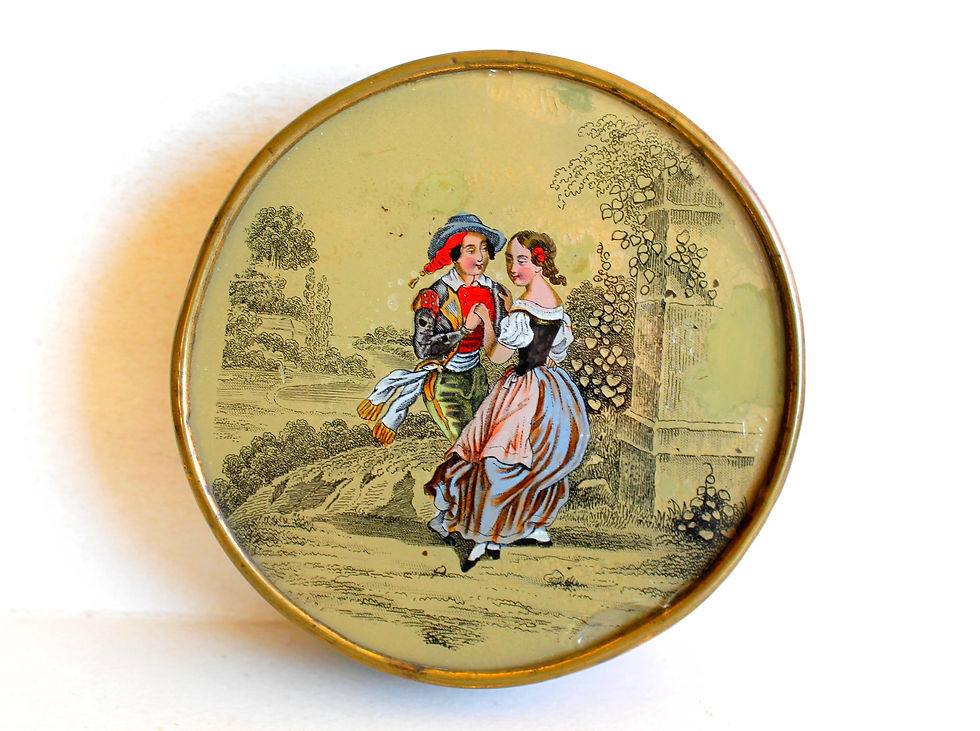 SUPERBE BOITE A BONBON DEBUT XIXe, PEINTURE SOUS VERRE, SCENE GALANTE ROMANTIQUE