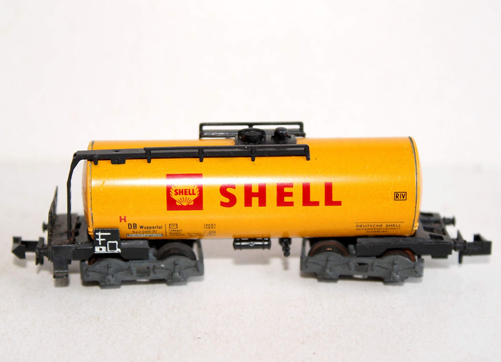 Hình thu nhỏ: MINITRIX N 3262 WAGON CITERNE PLATEFORME SHELL PORTE CUVE TRANSPORT PETROLIER DB