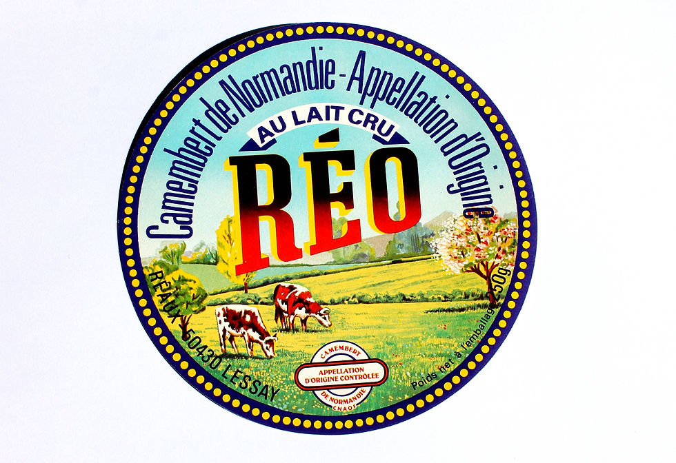 ETIQUETTE BOITE FROMAGE CAMEMBERT NORMANDIE RÉO, REO, LESSAY, VACHE CHEESE LABEL