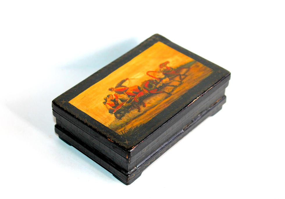 PALEKH MAGNIFIQUE COFFRET BOITE RUSSE LAQUÉ 1991 SIGNÉ PEDOCHUHA CHEVAUX CALECHE