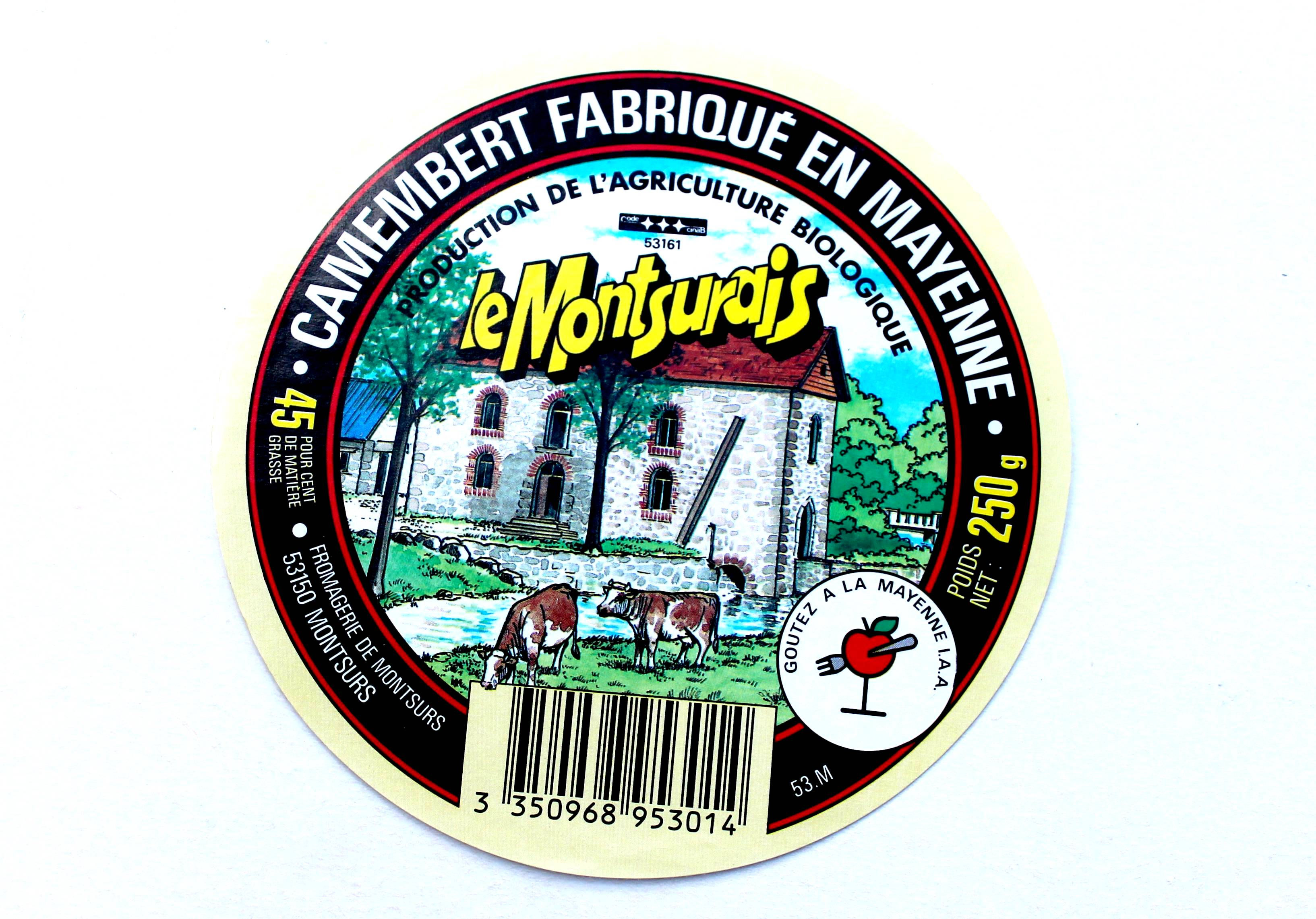 ANCIENNE ETIQUETTE BOITE FROMAGE CAMEMBERT BIO DE MAYENNE: LE MONTSURAIS - LABEL