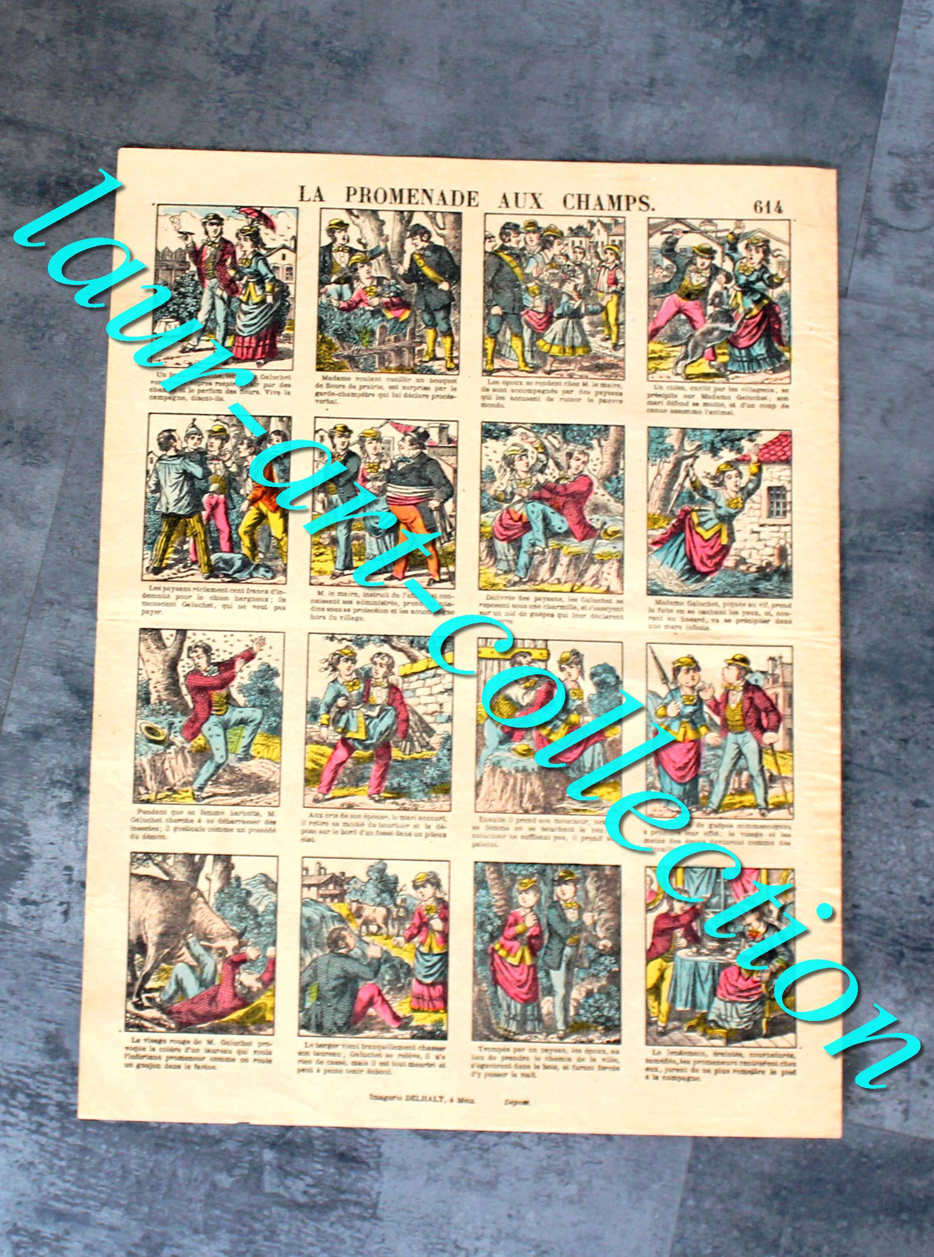 RARE ESTAMPE IMAGERIE DELHALT, METZ N°614 LA PROMENADE AUX CHAMPS CONTE ILLUSTRÉ