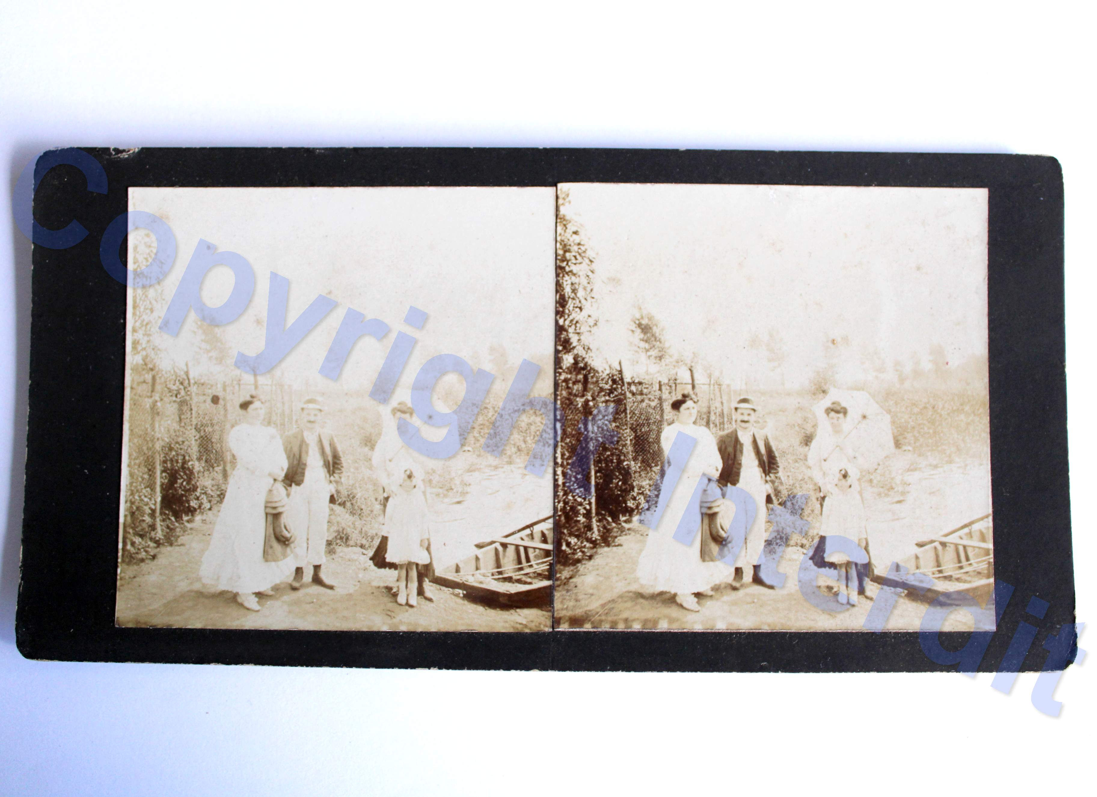 ANCIENNE PHOTO VUE STEREO ALBUMINE SCENE FAMILLE, BARQUE BATEAU CAMPAGNE, XIXe