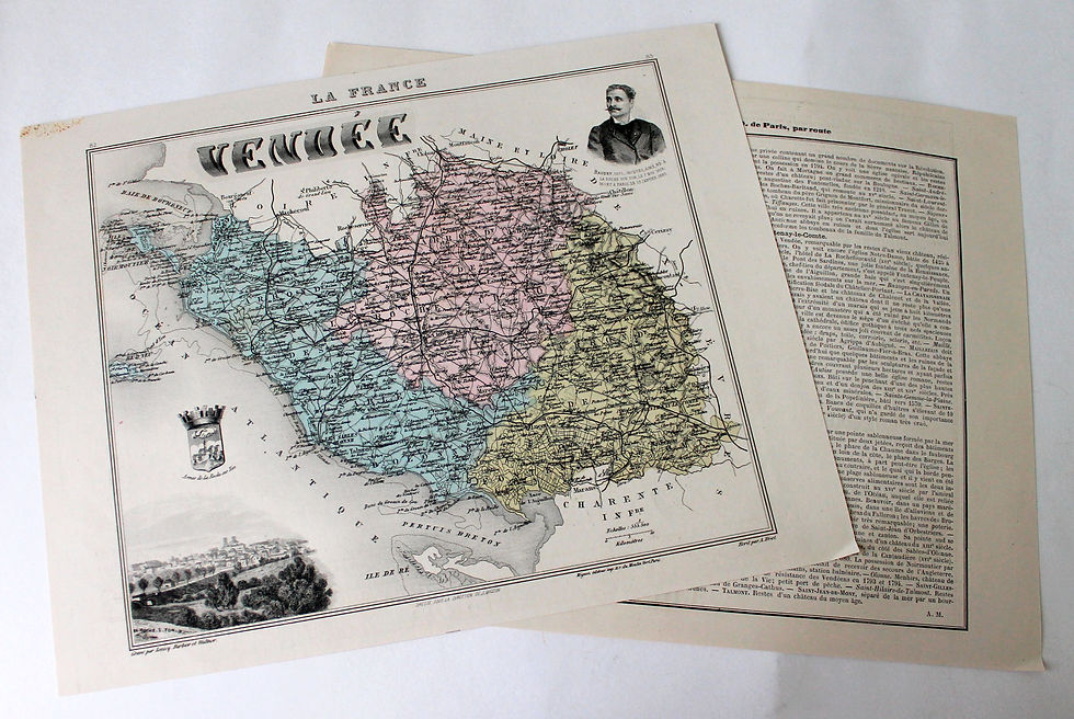 VENDÉE - CARTE DEPARTEMENTALE FRANCE + RECIT HISTORIQUE XIXe - Ed MIGEON 25x31cm