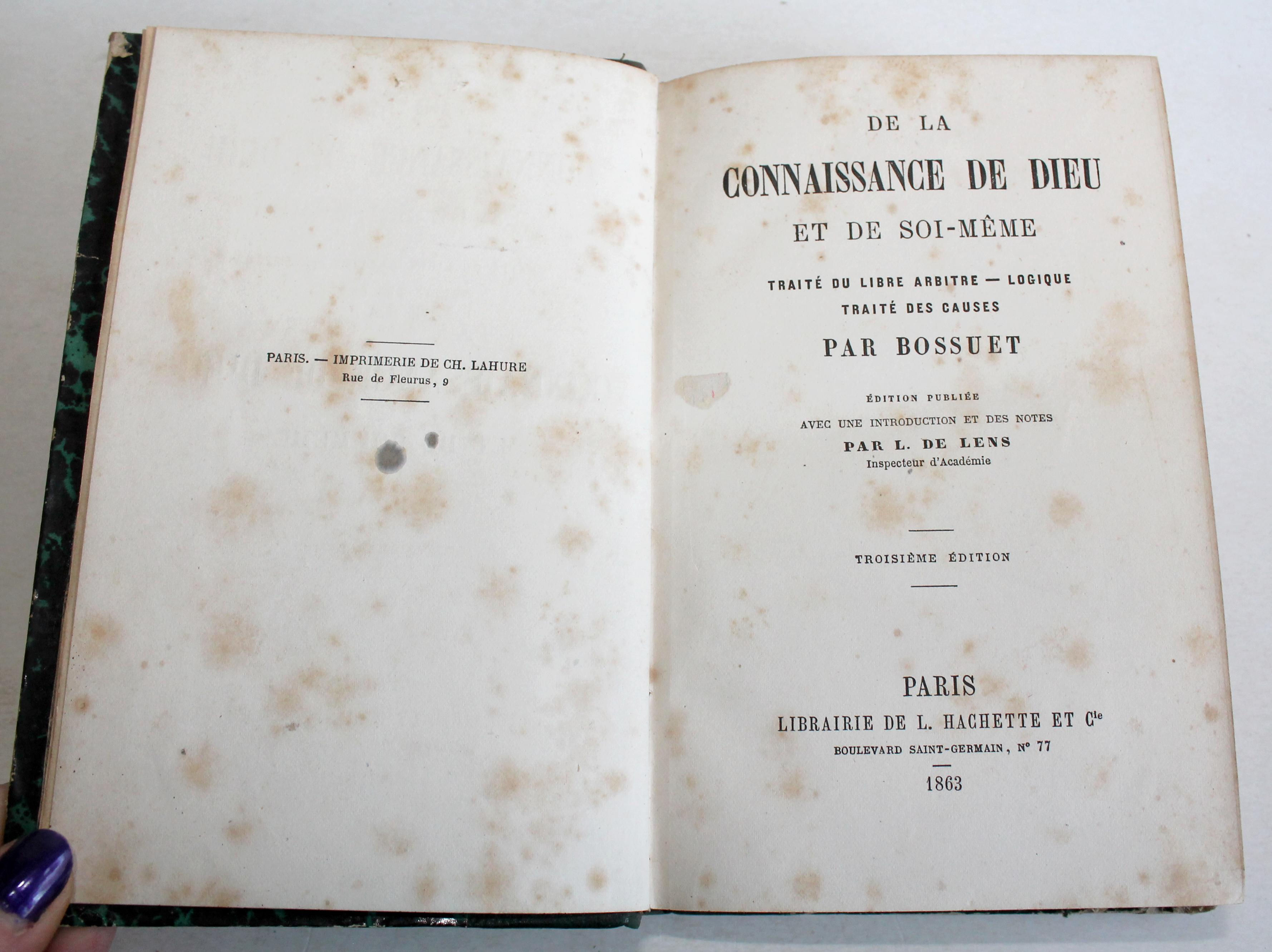 DE LA CONNAISSANCE DE DIEU & DE SOI MEME TRAITÉ DU LIBRE ARBITRE de BOSSUET 1863