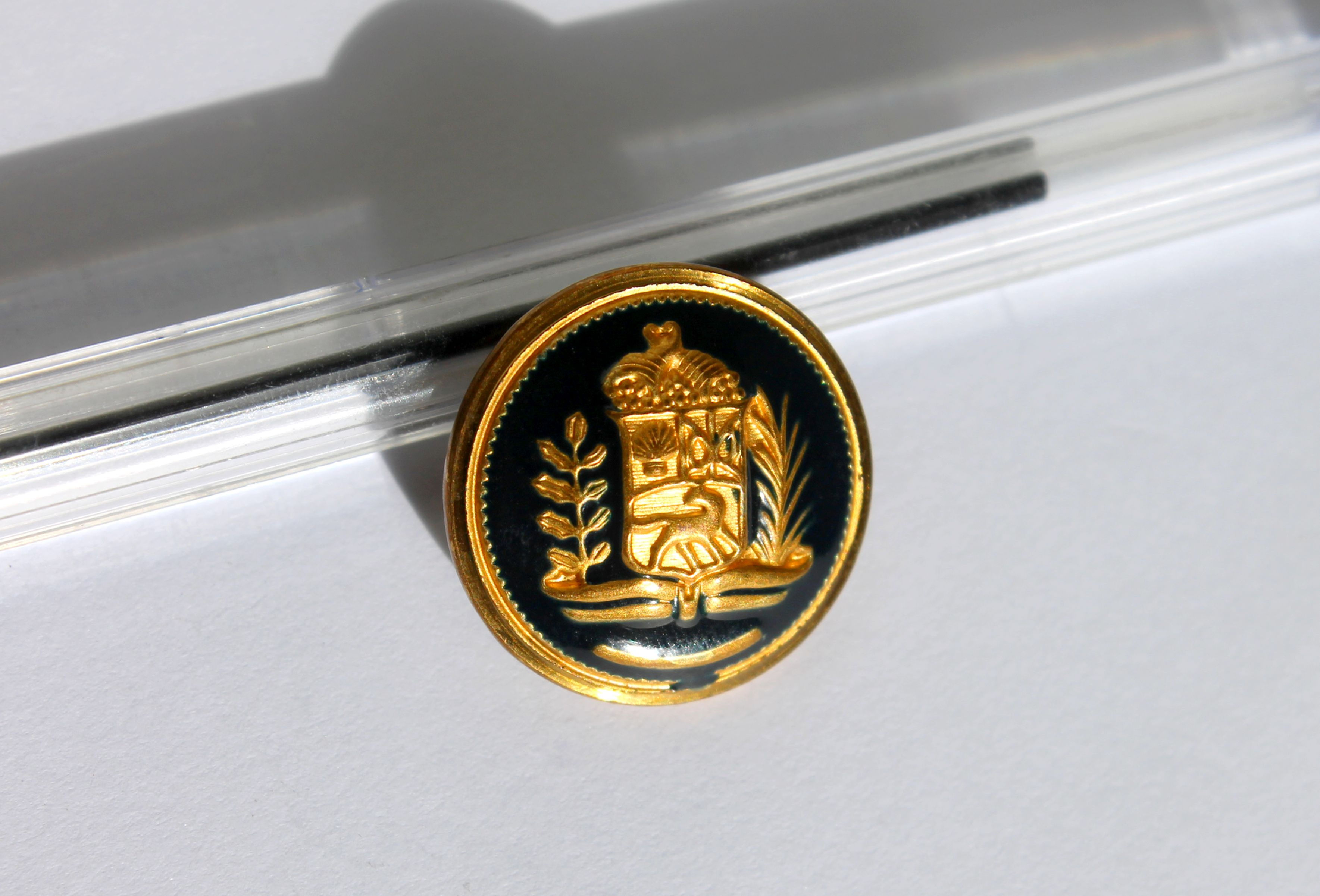 RARE ANCIEN BOUTON EMAILLÉ NOIR & METAL DORÉ - ECU / BLASON - D:21mm BUTTON