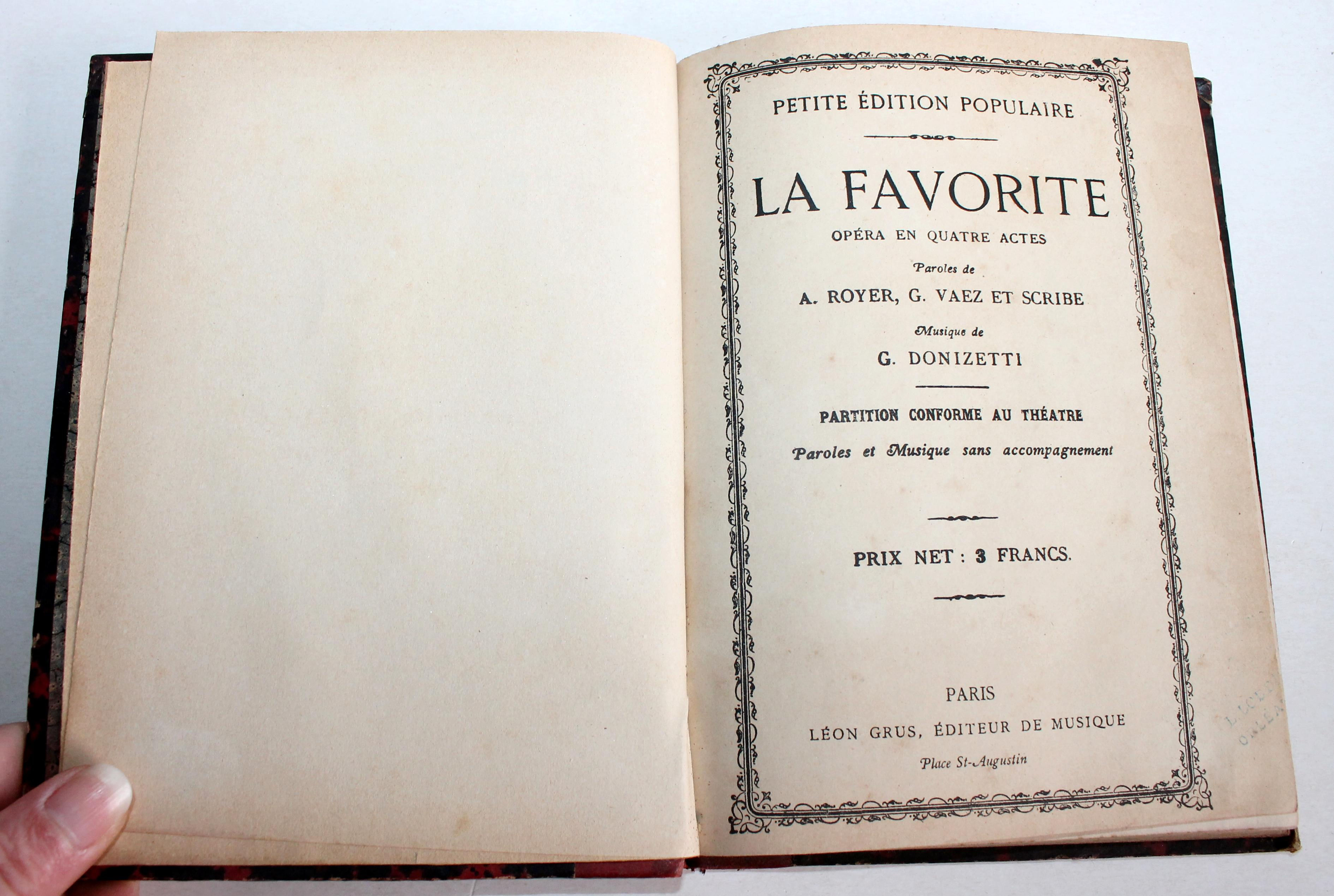 XIXe, LA FAVORITE OPERA EN 4 ACTES, PAROLES de ROYER MUSIQUE DONIZETTI PARTITION