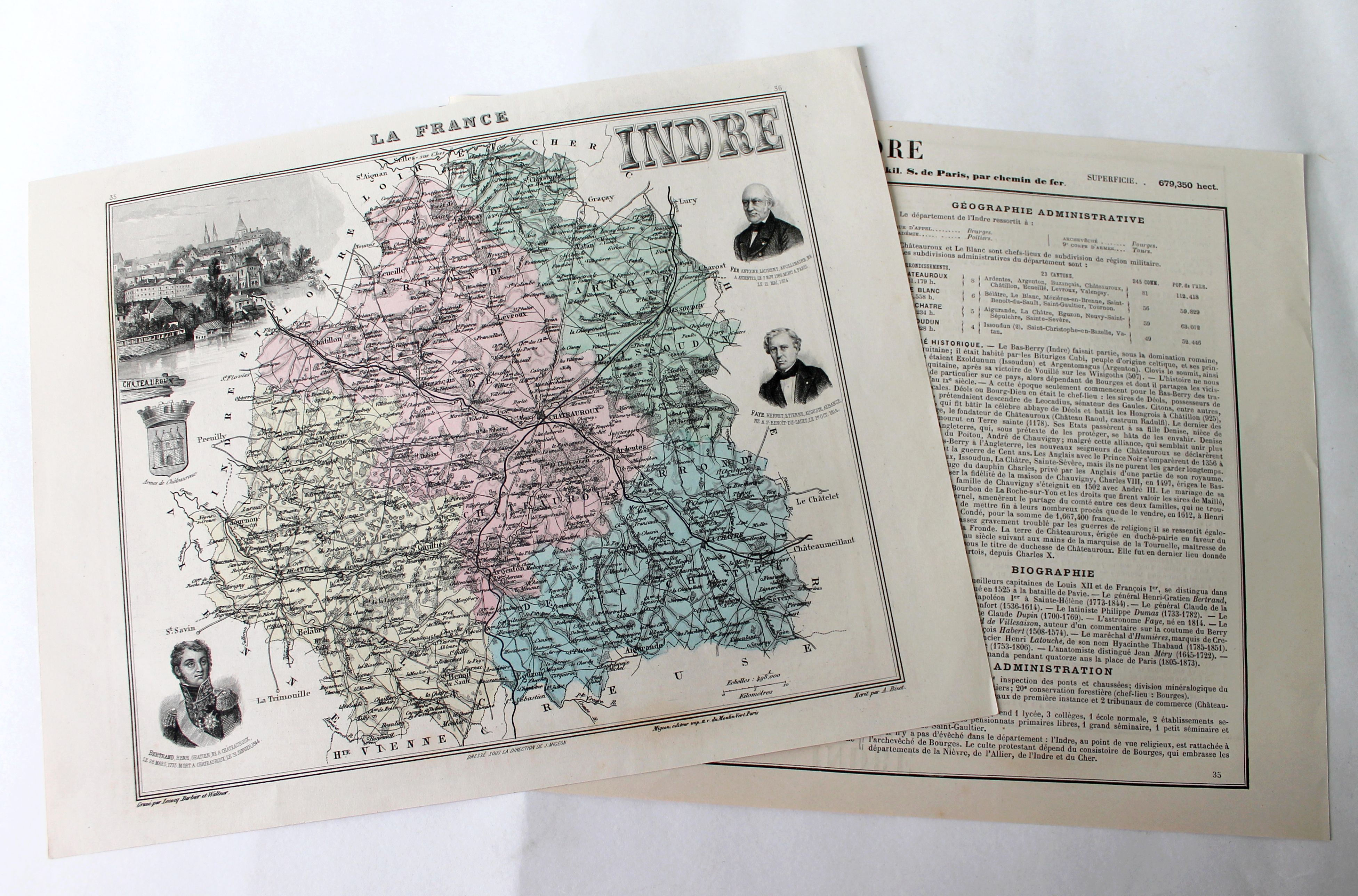INDRE - CARTE DEPARTEMENTALE FRANCE + RECIT HISTORIQUE - XIXe Ed MIGEON 25x31cm