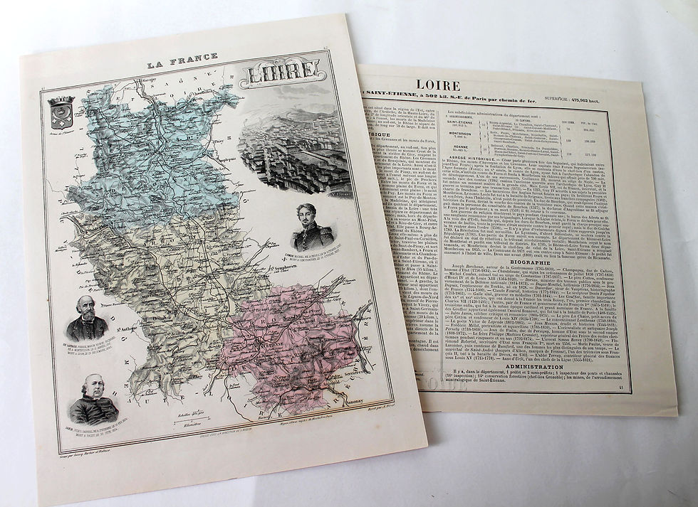 LOIRE - CARTE DEPARTEMENTALE FRANCE + RECIT HISTORIQUE XIXe - Ed MIGEON 25x31cm