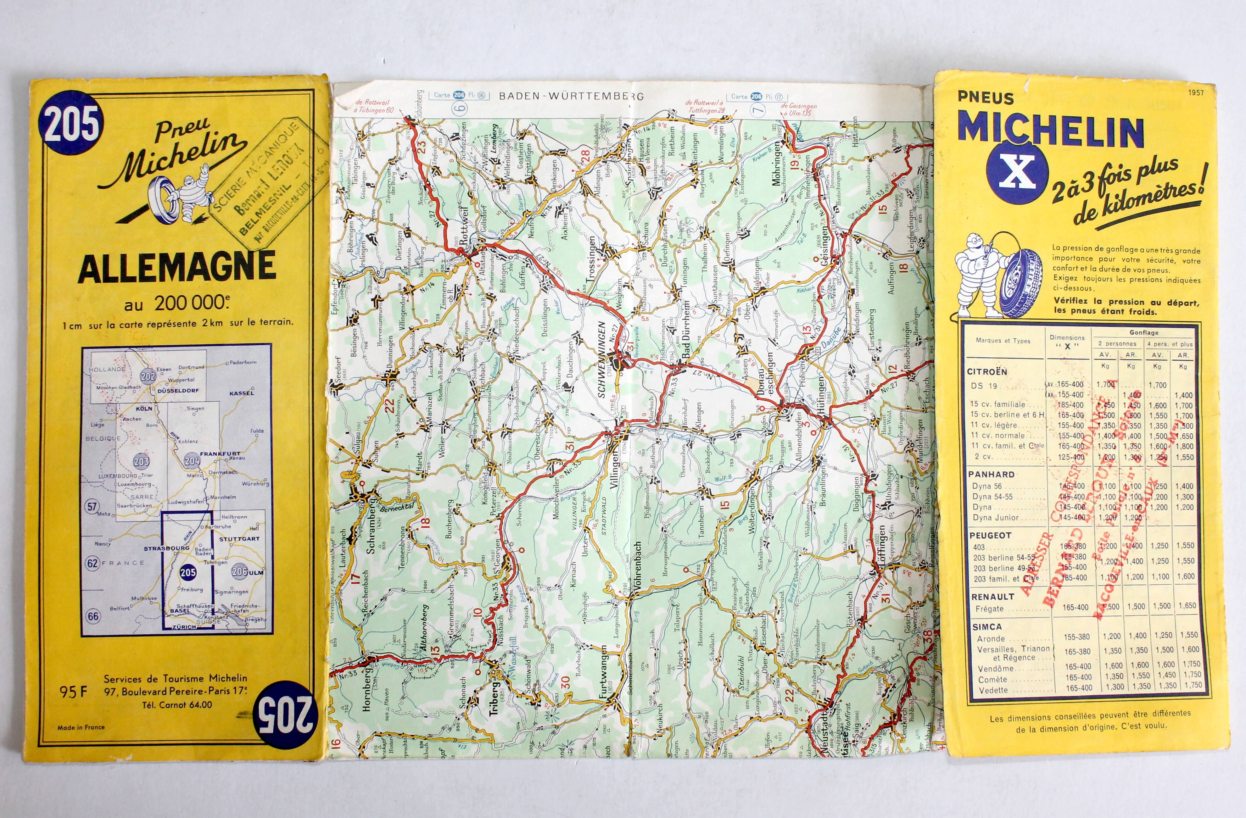 CARTE MICHELIN FRANCE ALLEMAGNE 1956 N°205 STRASBOURG - BASEL GUIDE PLAN ROUTIER