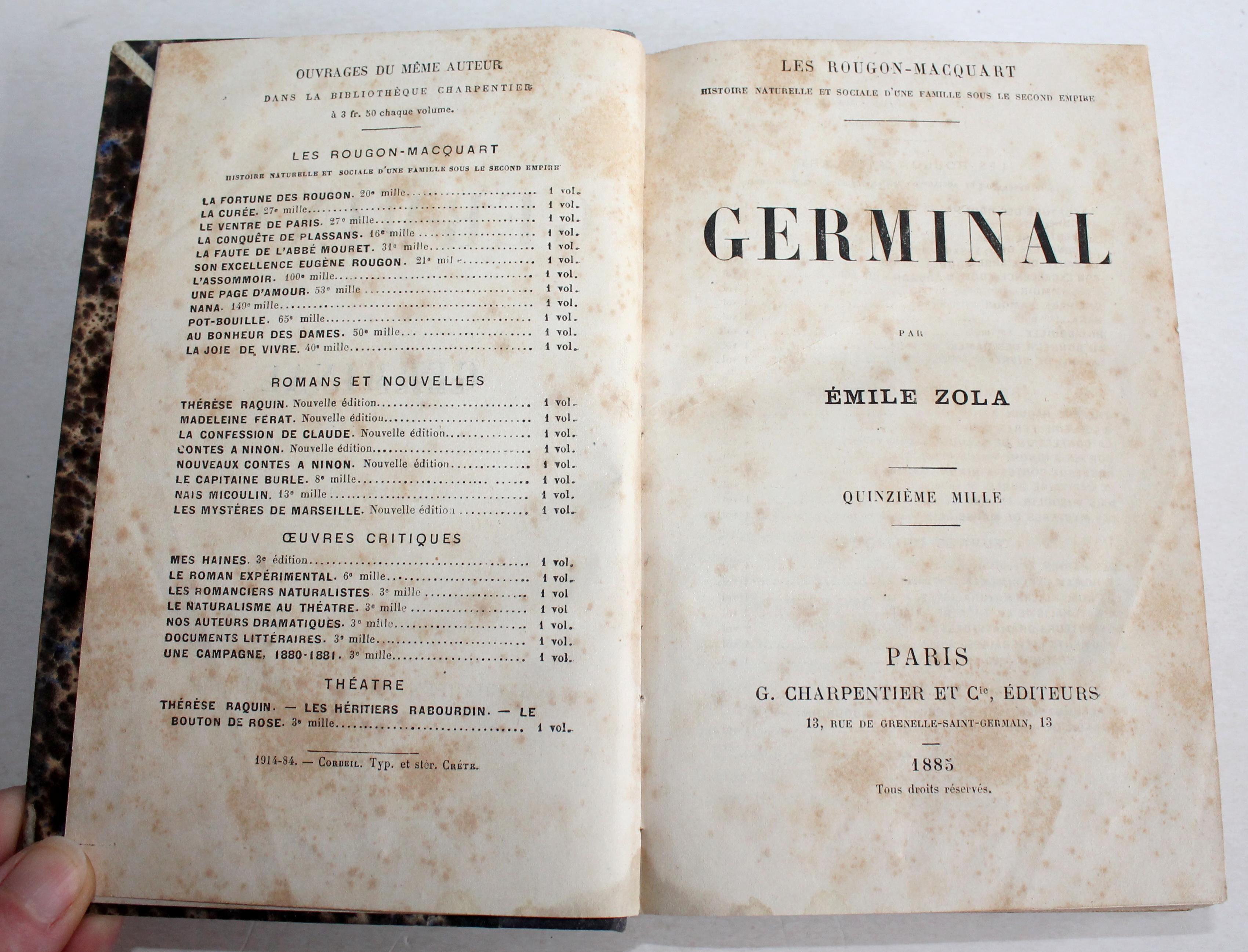 EDITION ORIGINALE! GERMINAL par EMILE ZOLA 1885 CHARPENTIER, ROUGON MACQUART