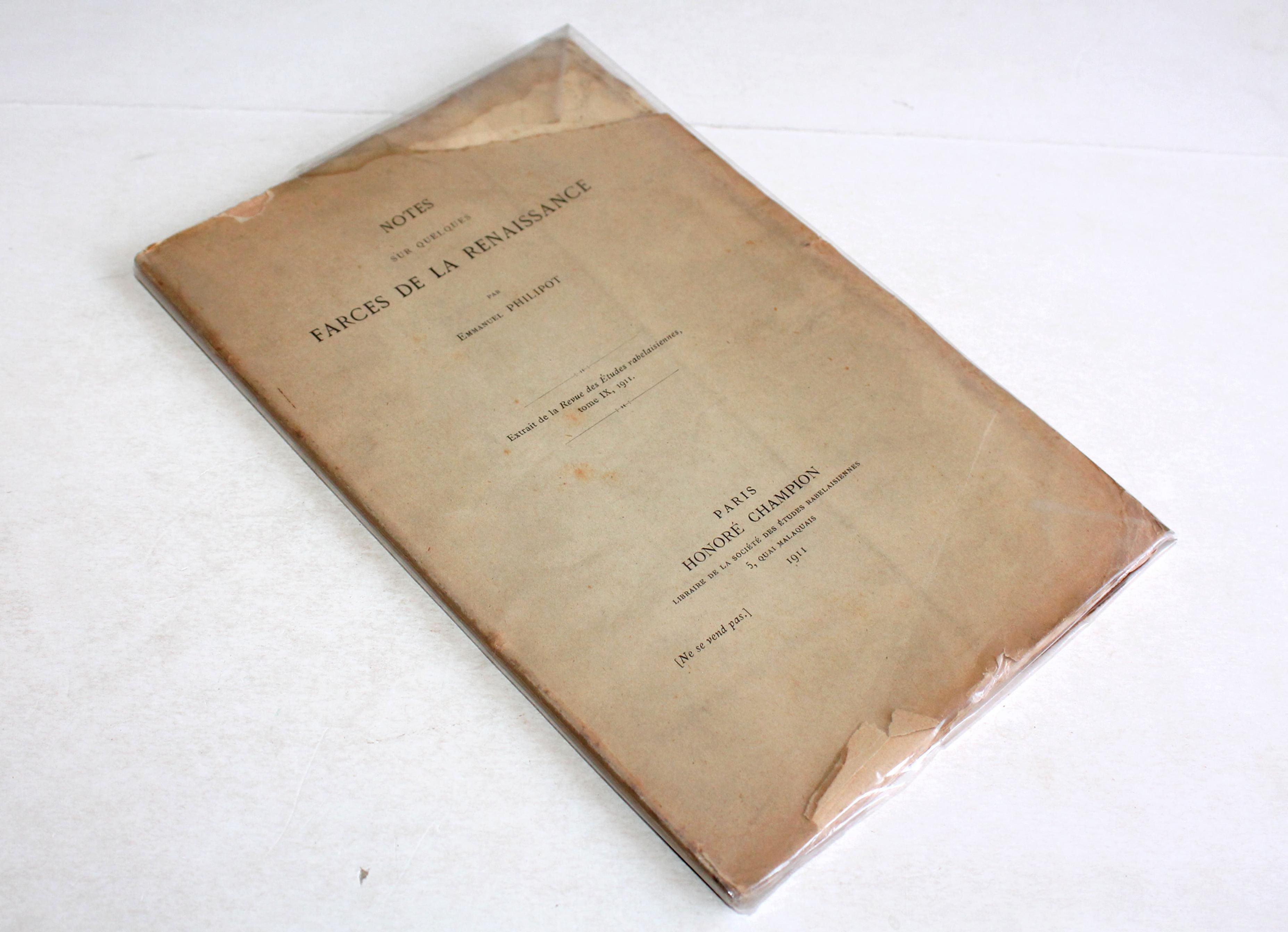 RARE! NOTES SUR FARCES DE LA RENAISSANCE de E. PHILIPOT 1911 EXTRAIT RABELAISIEN